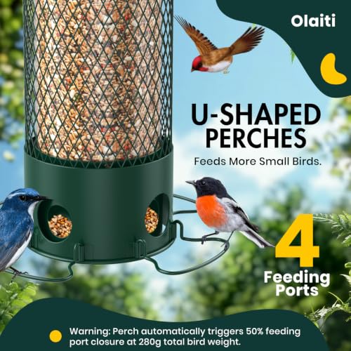 Metal Squirrel Proof Bird Feeders for Outdoors Hanging,Weight-Activated Large Capacity Feeder for Wild Finch, Cardinal,Blue Jay, Chickadee, Weatherproof and Durable 4 Perches,Green