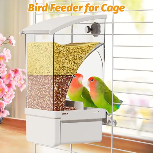 BNOSDM No Mess Bird Feeder Transparent Automatic Bird Cage Feeder with Perch Acrylic Parrot Food Container Parakeet Cage Accessories for Parakeets, Budgies, Cockatiel, Finch, Canary, Lovebird (White) - color: White