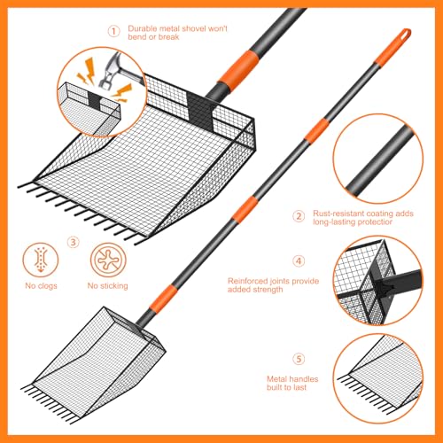 2-in-1 Chicken Poop Scooper & Rake, Heavy Duty Metal Long Handle Poultry Coop Cleaning Tool, Rustproof Manure Shovel with Serrated Edge for Backyard Chicken Ducks