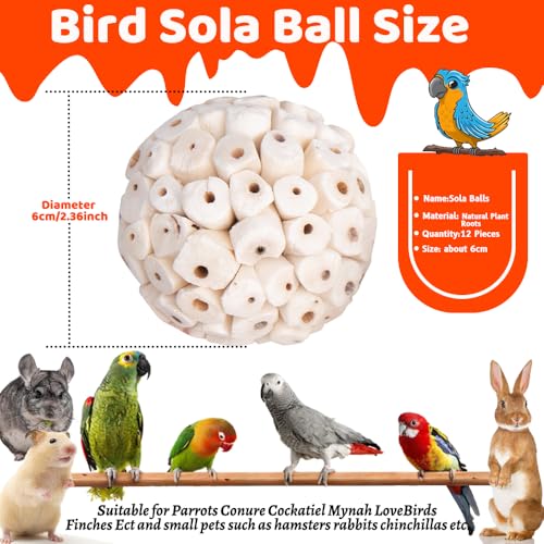 12 Pack Bird Toy Sola Balls, Natural Parrot Soft Chew Shredding & Foraging Toy, Bird Foot Balls for Cockatiel Conure Quaker Budgie Parakeet Bunny Guinea Pig Chinchilla Rabbit - size: 12