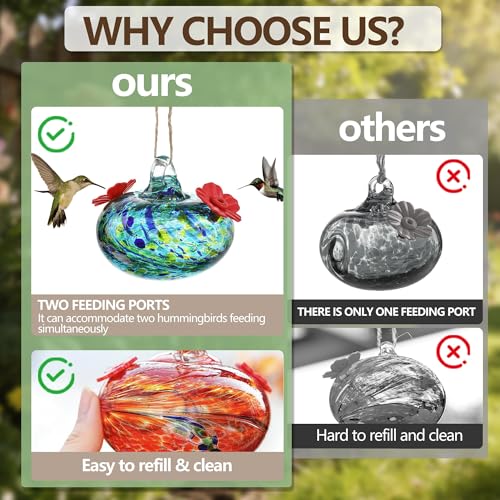 6 PCS Hummingbird Feeders for Outdoors Hand Blown Glass Hummingbird Feeder | 3.1 Inch Hanging Glass Humming Bird Feeders with 2 Flower Feeding Ports for Window Outside Garden Decor Gift