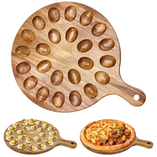 Wood Deviled Egg Holder Board Platter Serving Tray Eggs Carrier Plate Dish | Round Wooden Egg Container Cheese Charcuterie Boards Christmas Thanksgiving Hosting Essentials Easter Gift Devil Egg Holder