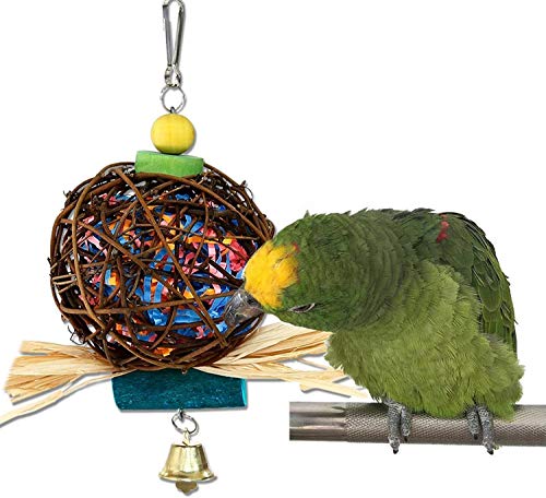 Litewoo Bird Chew Shredder Foraging Toy Natural Rattan Ball Preening Toy with Paper Strips Bell Toy for Parakeet Cockatiel Budgie Conure Lovebird Finch Canary African Grey Cage Accessories (1 PC)