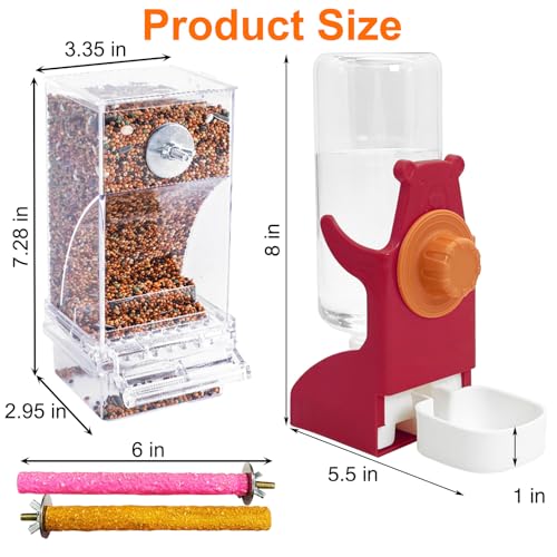 VCEPJH No Mess Bird Feeder and Water Dispenser Automatic Parrot Feeder Cage Accessories Orange Bird Drinker Parakeet Seed Dispenser with Cage Perch for Lovebirds Conures Budgies Canary Finch (Red) - color: Red