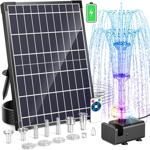 Antfraer 12W Solar Fountain Pump with 4200mAh Battery Backup& Remote RGB LED Lights, Floating Solar Water Fountain with 8 Nozzles & PVC Tubing for Bird Bath, Garden, Backyard, Outdoor Water Feature - style: 12W With Remote Lights