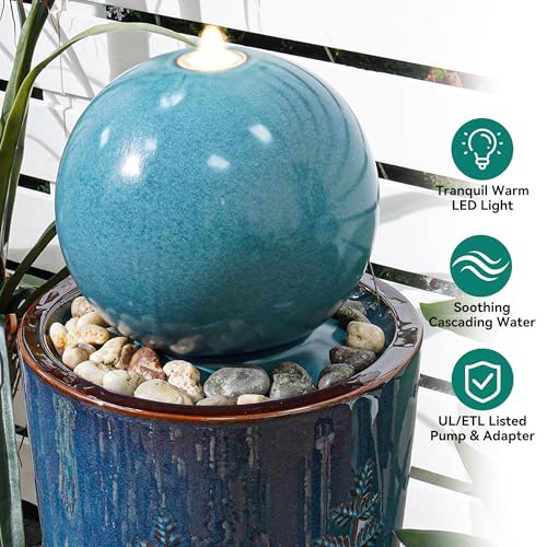 Autodaya 30" Sphere Outdoor Water Fountain, Teal Blue Ceramic Glaze | Modern Nature-Inspired Design with Leaf Patterns & Pebbles, Soothing Trickling Water Feature for Patio, Yard, Garden, Porch - color: 29.5"h-sphere Teal Blue Glaze
