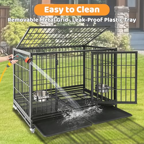 Homey Pet Two Tiers 47 Inch Large Heavy Duty Dog Crate, 6 Pack | Stackable Indestructible Kennel with Dual Trays & Grids, Wheels, Bowls, Escape Proof Locks, Double Doors for Large Dogs - size: 48"L - 2 Tiers - 6 Pack