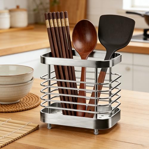 2 PCS Utensil Holder Stainless Steel Drying Rack Flatware Drainer Caddy | Kitchen Counter Cutlery Silverware Forks, Knives, Spoons, Chopsticks Organizer (Black, Silver)