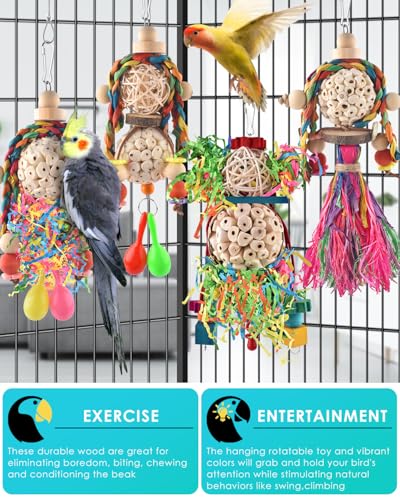 Bissap Conure Toys, 4 PCS Bird Parrot Foraging Shredder Hanging Toys Sola Balls with Sand Hammer for Small Parrots Parakeets Conures Cockatiels Love Birds Cage Toy - size: 4 PCS
