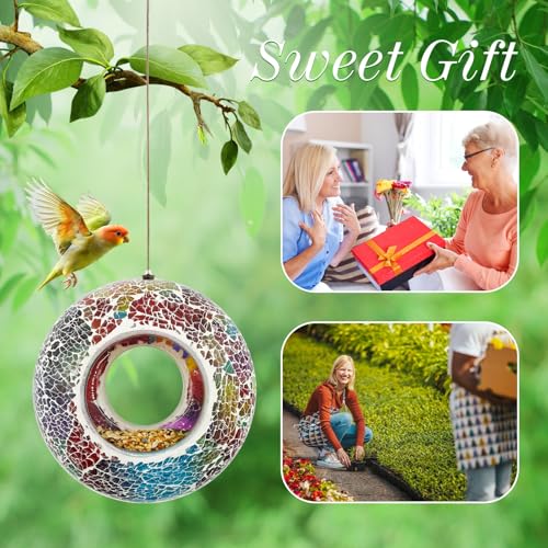Hanging Bird Feeders for Outdoor Glass Mosaic Fly Through Wild Bird Feeder Round Shape Birdfeeder for Outside Garden Yard Patio Decoration Multicolor - color: Multicolor