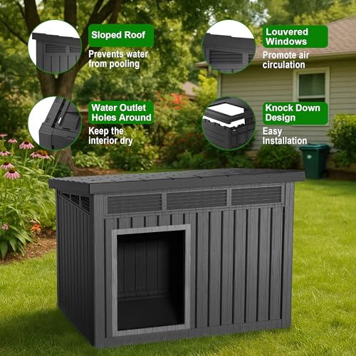 DRATO Outdoor Dog and Goat House - Resin All-Weather Dog House Outdoor, Durable Dog Kennel Outside for Backyard, Farm, Pasture - color: Black, size: 42.87*32.95*31.61