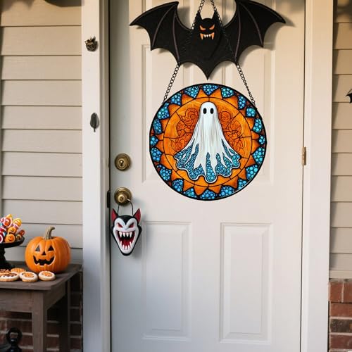 Stained Glass Window Hanging - Halloween Decorations White Ghost Suncatcher for Doors Garden Indoor Spooky Funny Blue Sun Catchers Gothic Decor Horror Gifts for Women Men Friend 9.8 in - color: Blue-orange, size: 9.8x9.8 IN