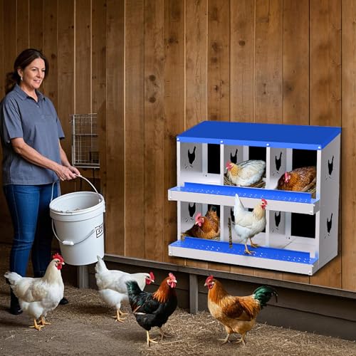 Chicken Nesting Box, 6 Compartment Galvanized Steel Chicken Laying Boxes, Heavy Duty Rustproof Chicken Coop with Easy Egg Collection for Backyard Farms - Wall Mountable, Blue - color: blue
