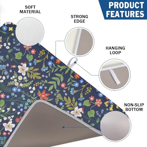 Flower Floral Dish Drying Mat 18x24 inch Microfiber Navy Blue Drying Mats with Hanging Loop Absorbent Green Leaves Dish Drainer Mat Reversible Flowers Drying Pad for Kitchen Counter Sink - color: Colored Flower, size: 24" x 18"
