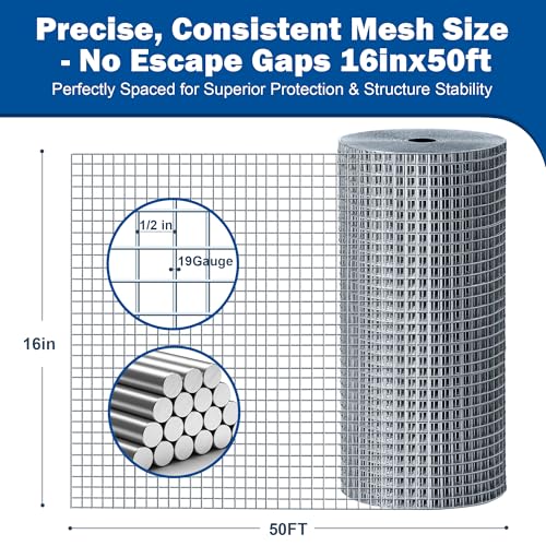 Hardware Cloth 1/2" x 1/2" 16 in x 50 ft, 19 Gauge Chicken Wire Fence, Welded Wire Fencing Mesh Roll with Cutting Plier & Gloves for Garden, Coop & Pet Enclosures