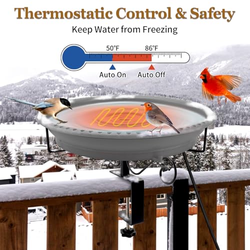 Lovppy Heated Bird Bath for Deck Railing, 100W Thermostatically Controlled Heated Bird Baths for Outdoors Bird Bath Heater, Heated Bird Bath for Outside Winter Garden Patio Yard(Gray) - color: Gray