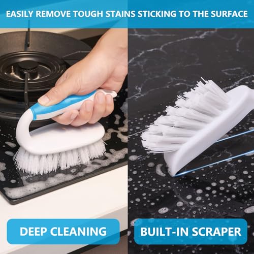 Scrub Brush Set, 4 Pack Deep Cleaning Brush Kit, Blue | 2 Scrub Brush, 2 Tile & Grout Brush with Built-in Scraper, Household Commercial Scrubber for Floor, Shower, Pool Wall, Tub - color: Blue