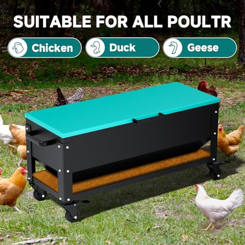 Heavy Duty Chicken Feeder 120 lbs Large Capacity, Metal Automatic Poultry Feeding Box with Waterproof Lid, Raised Standing Feeder with Wheels for Hens & Roosters, Portable & Easy to Move