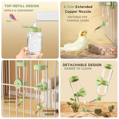 Bird Feeder Water Dispenser Set, Automatic Cage Feeder with Perch for Parakeet Canary Cockatiel Finch Budgie (Green)