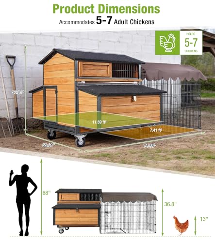 GUTINNEEN Large Chicken Coop with Run with All-Arounded Iron Frame Chicken Tractor Mobile Chicken House with Large Run and Nesting Box Waterproof Outdoor Poultry Cage for Backyard - size: 76.7"L x 53.8"W x 36.8"H