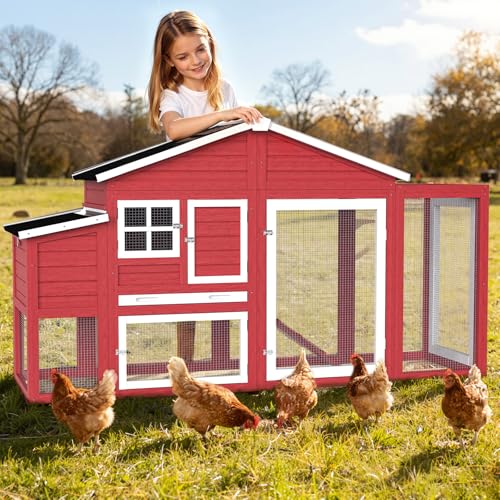 Large Chicken Coop 84.7'' Outdoor Weatherproof Hen House for 4-6 Chickens with Nesting Box, Predator Proof Poultry Cage with Pull Out Tray, Easy Clean & Assemble - color: Red(84.7"L x 27.6"W x 47.4"H)