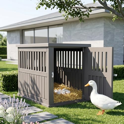Vixzen Outdoor Duck House, PP Resin Poultry Shelter, Gray | Versatile, Visible Railing with Stainless Steel Lock, Top Storage Space, Ideal for Patios, Farms - color: Gray, size: 29.7"L x 21.3"W x 25.3"H
