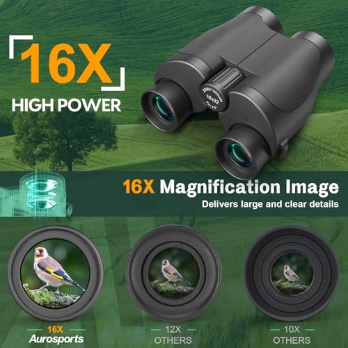 Aurosports 16x32 Binoculars for Adults and Kids - 16x High Power Binoculars for Detail Observation - Low Light Vision Easy Focus Compact Binocular for Bird Watching Hunting Travel Gifts for Men - size: 16x32