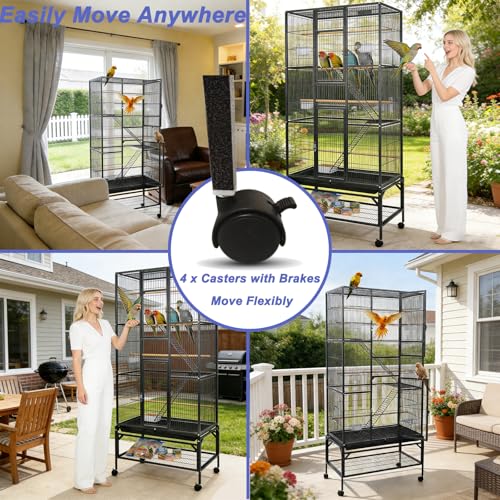 69.5 Inch Large Bird Cage, Parakeet Flight Cage with Rolling Stand, Storage Shelf, Tray, Perches, Feed Bowls, Extra Large Parrot Cage for Macaw, Cockatiel, Budgie, Conure, Lovebird & Finch