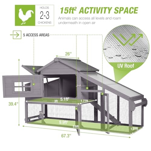 GUTINNEEN Chicken Coop with Wheels Mobile Outdoor Hen House Weatherproof Duck Cage with Large Nesting Box, Leak-Proof Tray, UV-Resistant Roof for 2-4 Chickens (Grey) - color: Grey