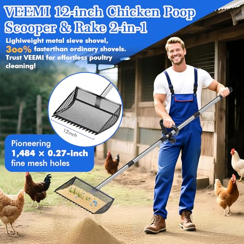 Chicken Poop Scooper Rake 2-in-1,304 Stainless Steel Shovel Head, Chicken Litter Scoop with Handle for Chicken Coop for Sand, Pet Waste Cleaning, Litter Sifting Shovel (35 to 65") (Black, 12inch) | Chicken Poop Scooper - color: Black, size: 12inch