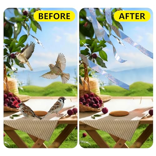 Bird Scare Reflective Tape, 295 Feet (2 Rolls), Double-Sided Reflective, for Repelling Sparrows and Woodpeckers, Suitable for Outdoor Use in Homes, Gardens, Farms, Orchards,Outdoor - size: 295 Ft*2