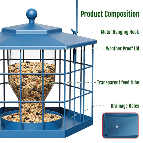 Birdream Squirrel Proof Bird Feeders for Outdoor Hanging, Metal Cage Bird Feeder with Rain Proof Covered for Wildbirds Bluebird Finches, Blue