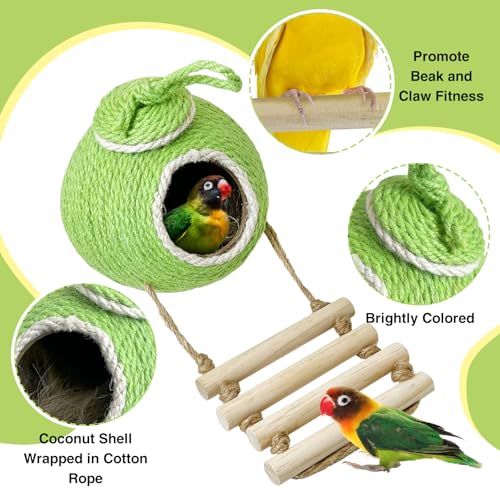 Tfwadmx Coconut Hide with Ladder, Natural Coconut Fiber Hanging Birdhouse Cage, Handmade Sisal Rope & Coconut Bird Shell Breeding Nest for Parrot Parakeet Lovebird Finch Canary (2 Pcs Green)