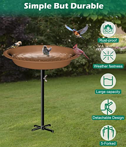 29 Inch Height Oval Shape Bird Bath for Outdoors, Detachable 5-Prong Birdbath Bowl Spa & Birdfeeder with Metal Stake Stand for Outside Garden, Brown - color: Brown