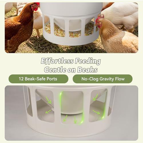 KOL Hanging Chicken Feeder – 20lbs Metal Chicken Feeder No Waste, Adjustable Poultry Feeder with 12 Ports, No Installation & Universal Height Design (Jade White) - color: Jade White