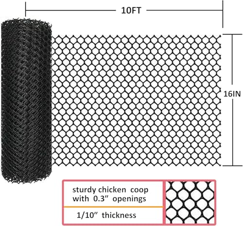 Plastic Chicken Wire Mesh - 16 in x 10 ft Black,Comes with 30 Twist Ties, Plastic Wire Mesh Fence for Dogs, Cats & Poultry - Garden Netting & Animal Barrier, Balcony Netting for Pets - WEYHDDTL - size: 16Inchx10Ft(0.3"Opening)