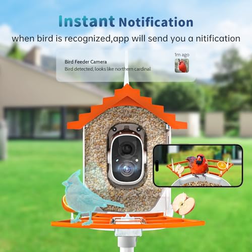 Smart Bird Feeder with Camera Solar Powered & AI Bi rd Identification, 2.4Ghz WiFi Bird feeders for Outdoors, 2K Live Video, Instant Arrival Alerts - Orange - color: Orange