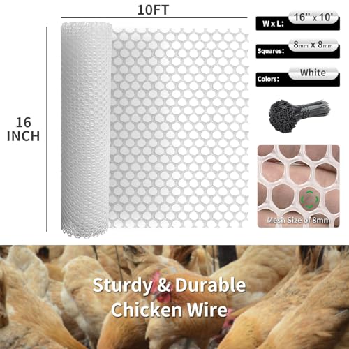 Plastic Wire Mesh Fence 16in x 10Ft Plastic Chicken Wire Mesh for Poultry, Dogs, Rabbit, Snake Barrier & Gardening Versatile Plastic Fencing (16in x 10Ft, White) - color: White, size: 16in x 10Ft