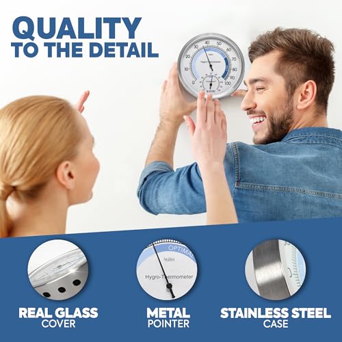 Analog Hygrometer – Thermometer Hygrometer for Indoor – Premium Stainless Steel Humidity Gauge Indicator – Temperature and Humidity Monitor – Battery Free Operation – Ø 12.5 cm