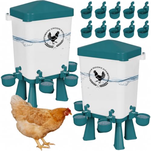 2 Pack 3 Gallon Chicken Waterer with 10 Chicken Water Cups, Poultry Waterer with Stand Legs, Hooks and Screws, Chicken Water Feeder for Coop, Ducks, Hens, Farm, Backyard Chickens (Blue) - color: Blue, size: 2pcs