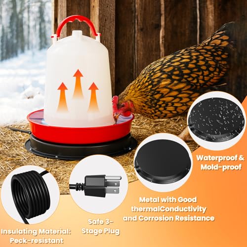 Chicken Water Heater for Winter, 11'' Heated Waterer Base for 1-5 Gallon Metal/Plastic Poultry Waterer, Built-in Thermostat (77℉ Auto Shut-Off), 110W Coop Heater with 6.6ft Power Cord