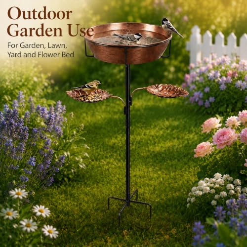 Metal Bird Bath and Feeder for Outdoors, 36.8 Inch, Removable 12 Inch Bowl | 12 inch removable bowl, dual leaf feeder trays, 36.8 and 28.5 inch height options, five-point ground support base