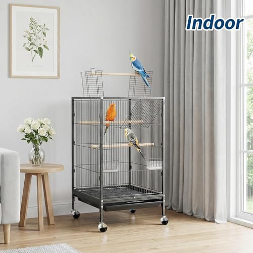 35" h Metal Bird Cage,Large Bird Cage with Play Open Top, Rolling Flight Cage Rolling for Parakeets, Canaries, Lovebirds, Small Quaker, Cockatiels, Budgies