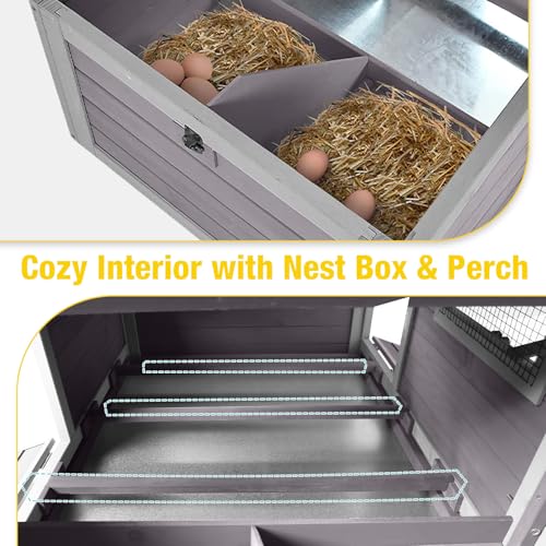 Large Chicken Coop for 2-4 Hens, Outdoor Wooden Hen House with 4 Nesting Boxes, Weatherproof Asphalt Roof, Dual Ramp Doors, Pull-Out Tray - color: Grey, size: 67.2"L(4-6 chickens)