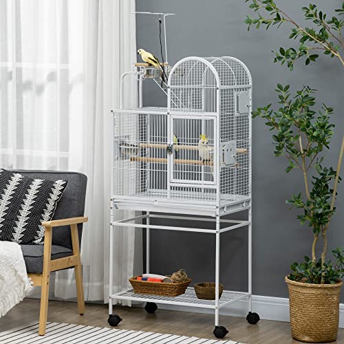PawHut 55" Large Parrot Cage with Toy Hooks Above Top Bird Perch, Tray, Food Cups, Rolling Stand, Bird Cage for Cockatiels, Parakeets, Lovebirds | Above Top Bird Perch, Rolling Stand, for Cockatiels, Parakeets, Lovebirds