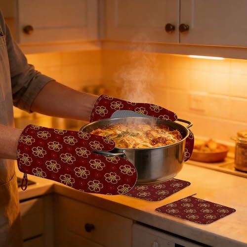 Gold Cherry Blossoms Oven Mitts and Pot Holders Sets,Extra Long Red Flowers Kitchen Mittens for Cooking,Thick Cotton Heat Resistant Silicone Cooking Utensils Set for Baking Cooking Grilling - color: Gold Cherry Blossoms