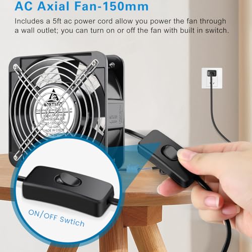 GDSTIME AXIAL 15050 Muffin Fan, 120V AC 150mm x 50mm, Dual Ball Bearing | 110V 115V, ON/OFF Switch, 150x150x50mm, High Speed, for Air Hockey Table, Generator Box Cooling Ventilation Exhaust Projects - size: 150x150x50mm