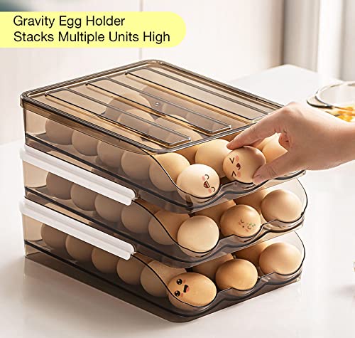 Stackable Acrylic Gravity Egg Tray Holder for Fridge - Food-Safe PET Refrigerator Storage Bin for Eggs (Brown, Single Tray)