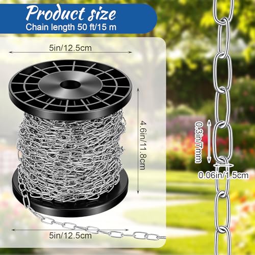 50ft Galvanized Steel Hanging Jack Chain 1/16" Silver Metal Link Chain Roll Spool for Light Fixture, Overhead Lights, Artworks, Bird Feeders, Dog Leashes, Signs, DIY Projects(1.5mm with Spool)