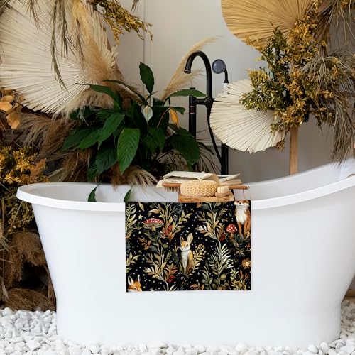 Dark Cottagecore Mushroom Kitchen Towels, Fox Bunny Botanical Hand Towels for Bathroom, Vintage Whimsical Mushroom Dish Tea Towel for Farmhouse Kitchen Decor, 16x24 Inch - color: Fox Floral